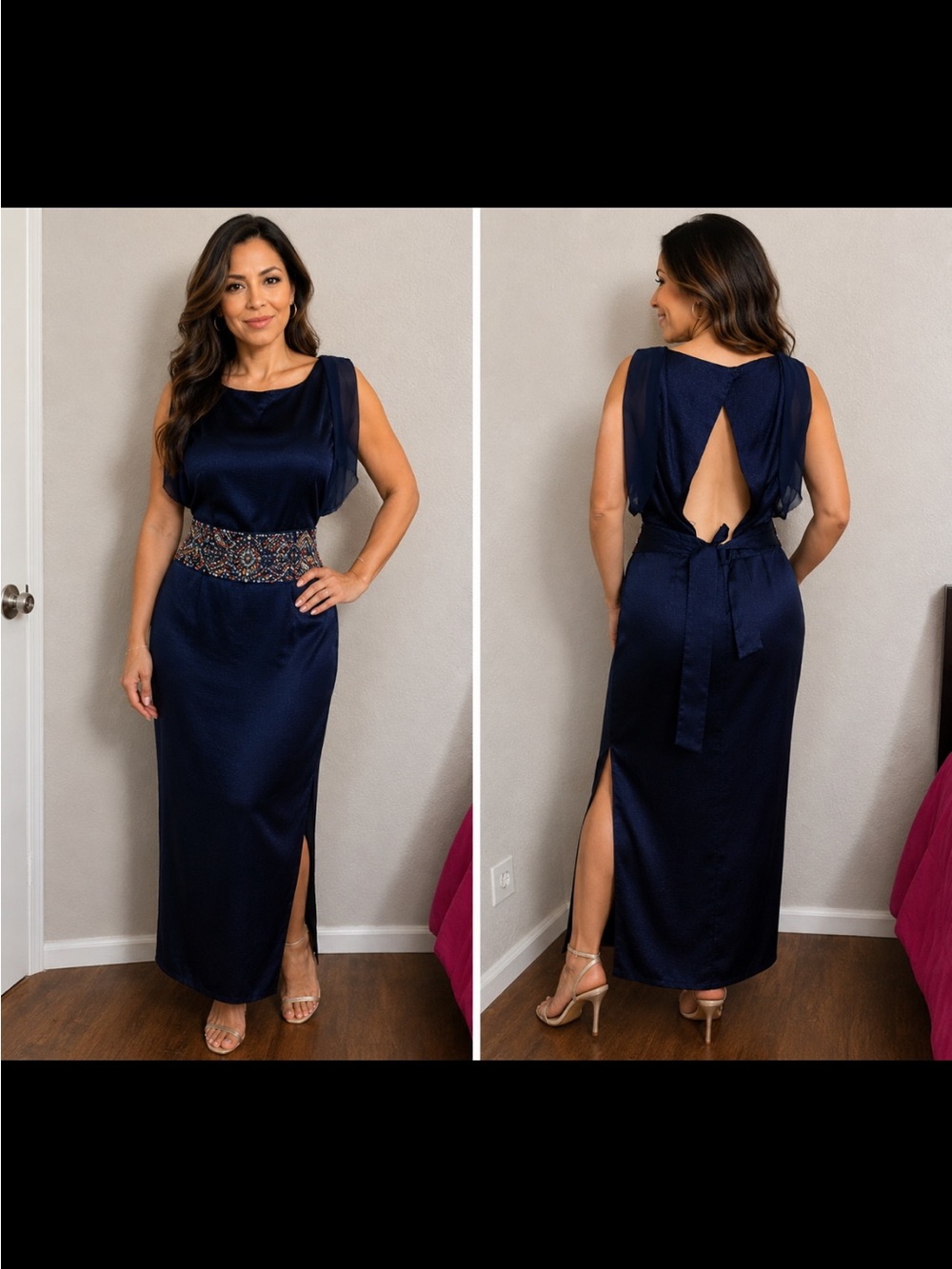 Jessica Simpson Navy Beaded-Waist Backless Evening Gown